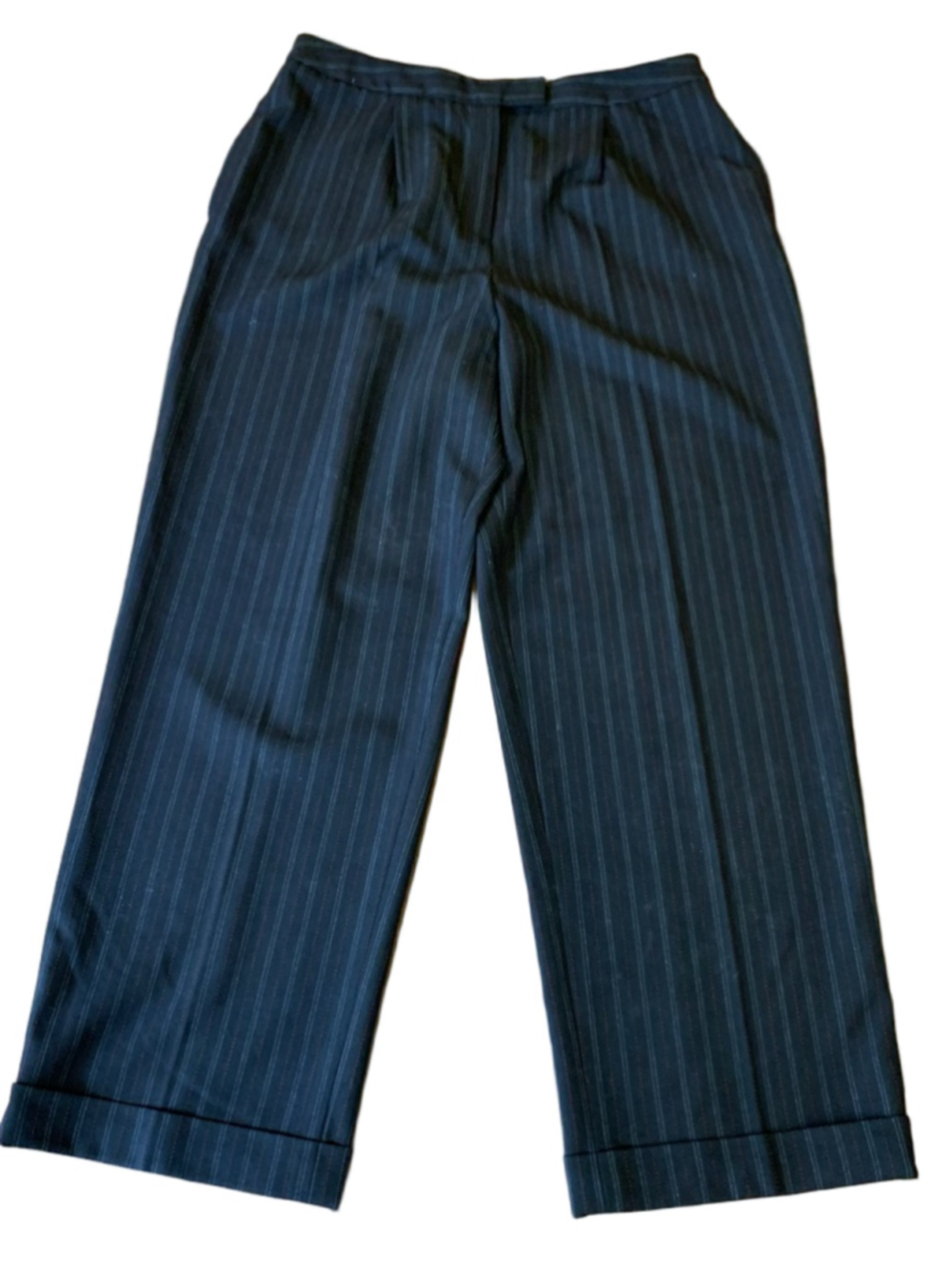Talbots Pants 12 Petite Black with Whote and Red Pinstripes Cuffed Trousers